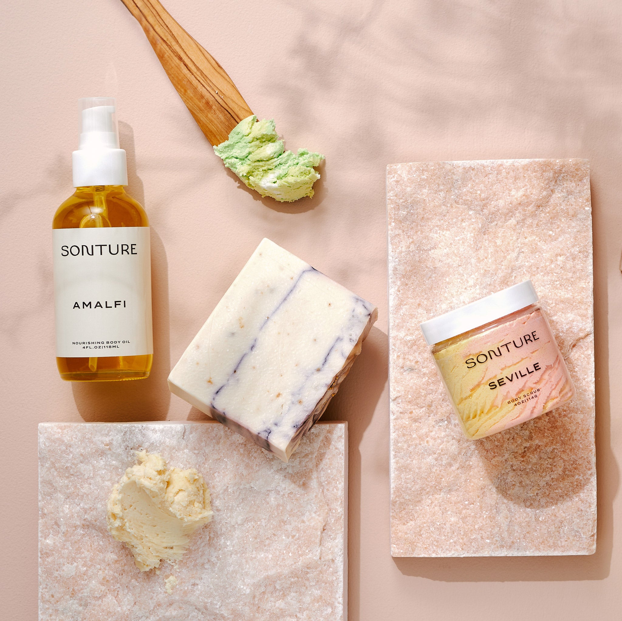 A collection of Sonture’s handmade, ethically created body care products inspired by travel. The products are styles on rough tiles for an elegant and sophisticated feel.