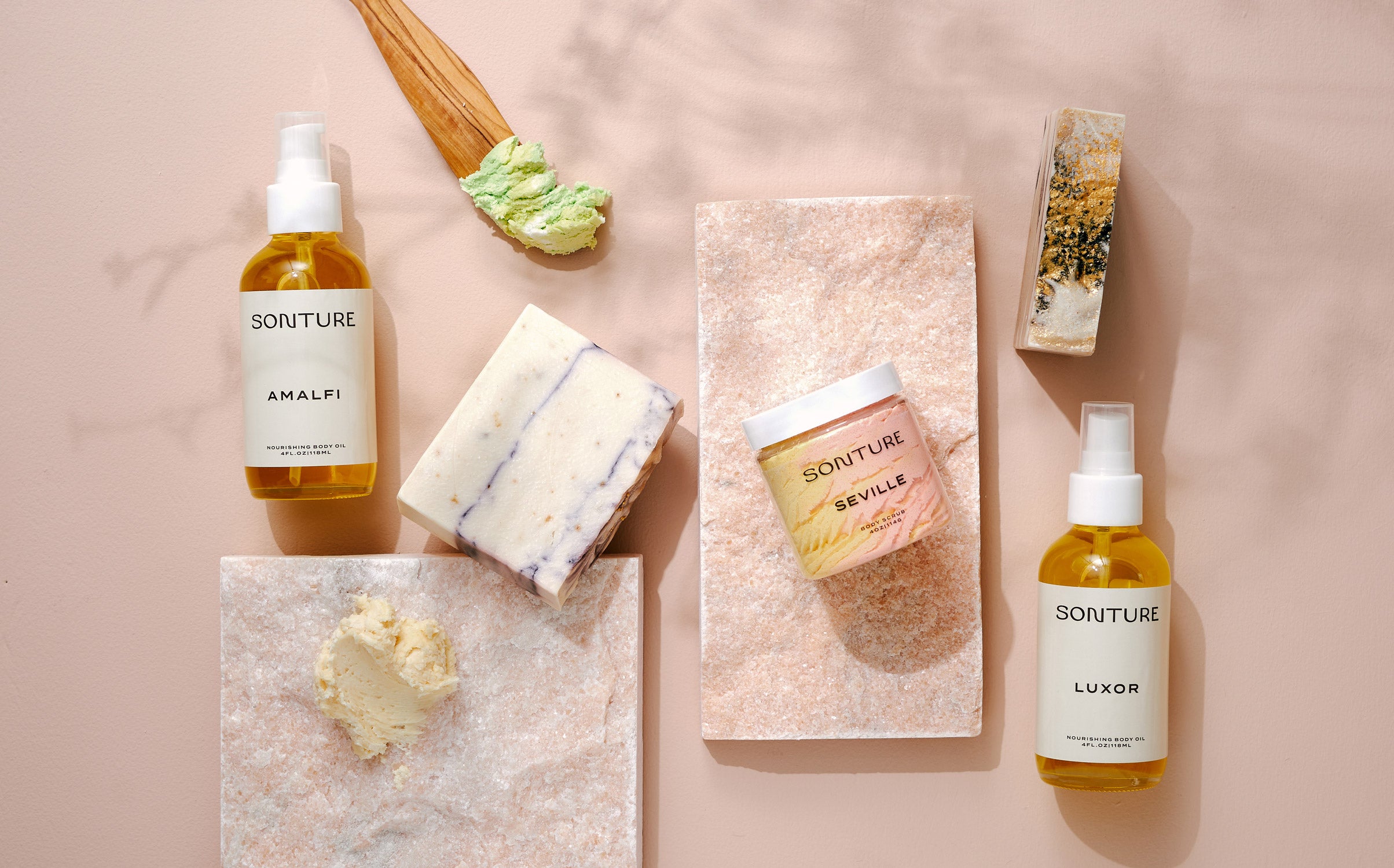 A collection of Sonture’s handmade, ethically created body care products inspired by travel. The products are styles on rough tiles for an elegant and sophisticated feel.