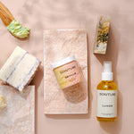 A collection of Sonture’s handmade, ethically created body care products inspired by travel. The products are styles on rough tiles for an elegant and sophisticated feel.